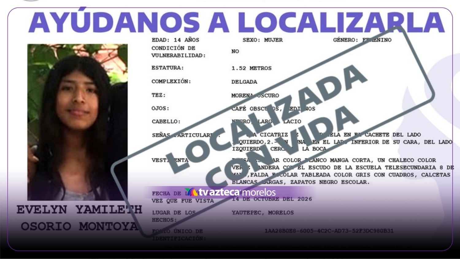 LOCALIZADA CON VIDA: Evelyn Yamileth Osorio Montoya, menor desaparecida en Yautepec